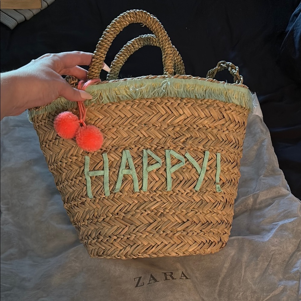 Zara Tan and Green Tote Bag Woven Style